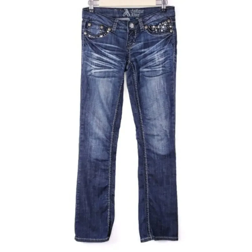 Buckle Antique Rivet Factory Distressed Rhinestone Pocket Boot Cut Denim Jeans - Picture 2 of 6
